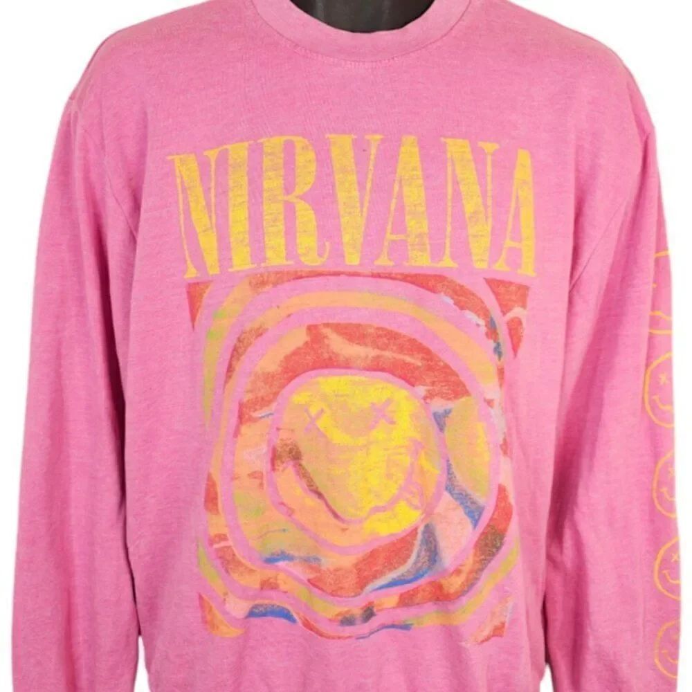 Nirvana Sweatshirt Mens Size Small Pink OVERSIZED Fit 90s Grunge Band Retro